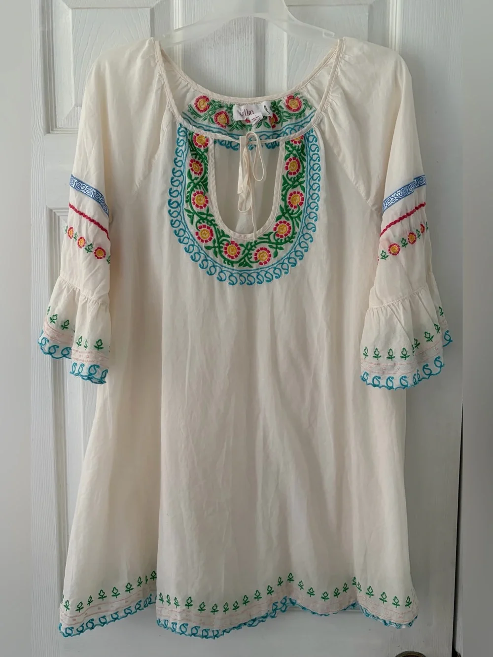 Anthropologie Cream Embroidered Boho Tunic with Blue, Green & Pink Accents